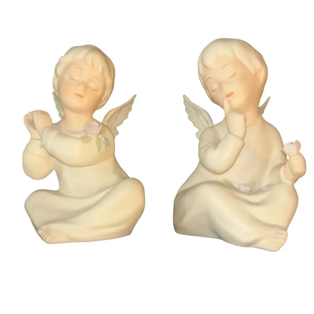 VTG Homco Bisque Angels W Roses Set 2 Signed Mizuno Victorian Cherub Christmas
